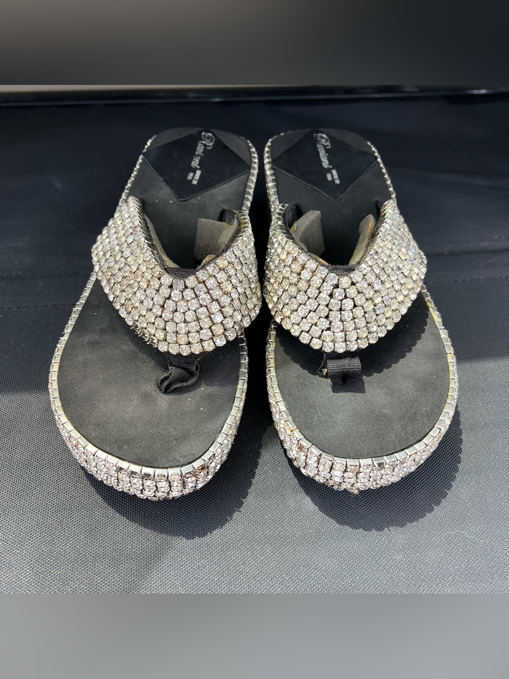 Raviani Crystal-Embellished Black Thong Sandals Missing Some Gemstones